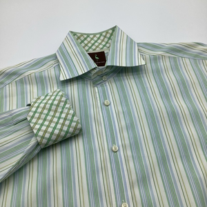 Tailorbyrd Mens Long Sleeve Button Up Shirt Green Blue Yellow‎ Striped Sz L